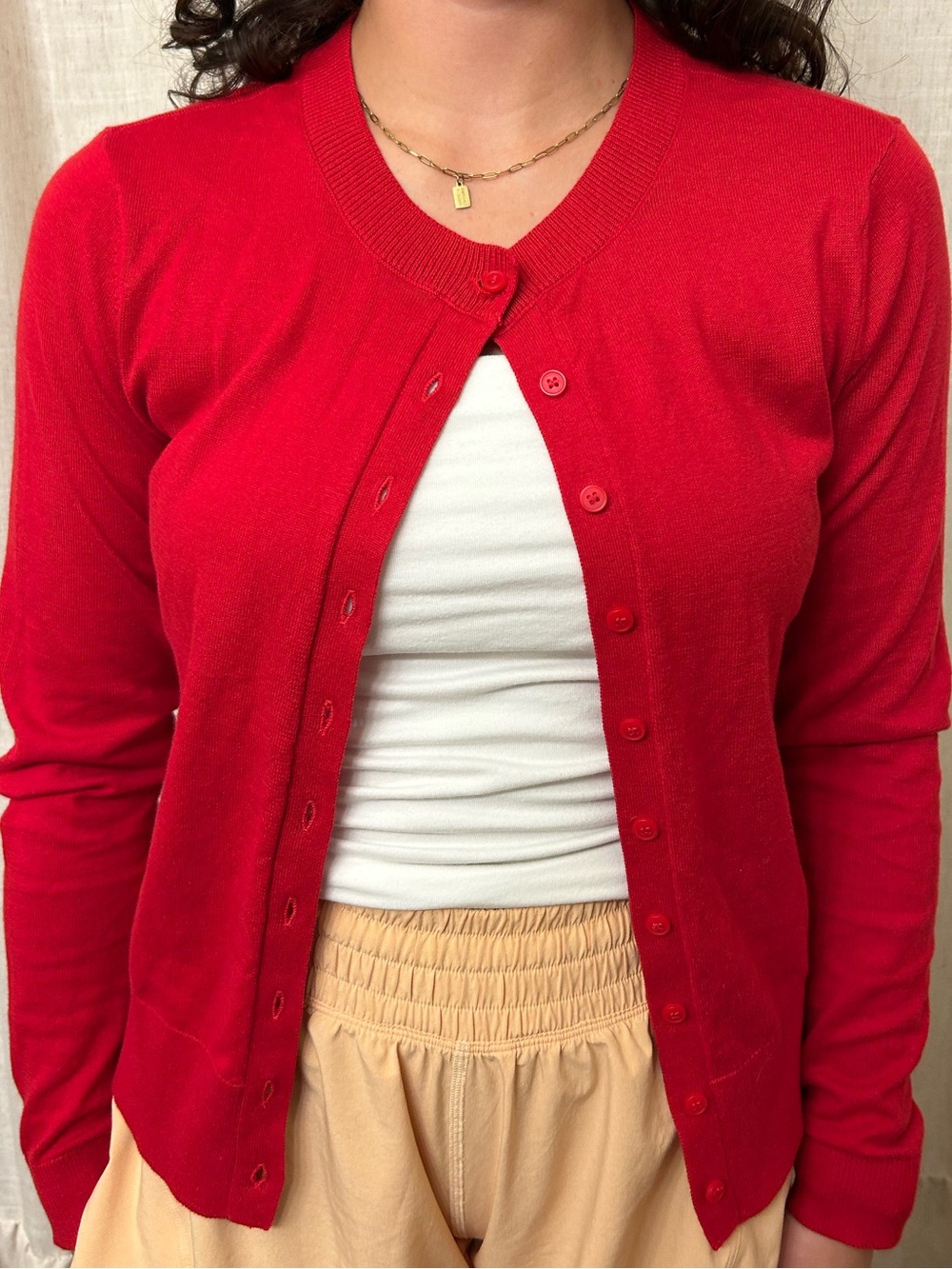 LOFT Red Button-Front Crewneck Cardigan